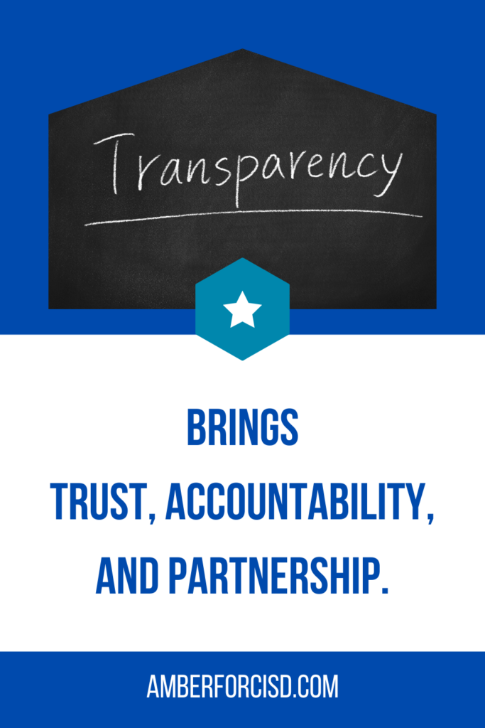 Image with different shades of blue and the word "Transparency" written in what appears to be chalk, on a chalkboard. Beneath that, it says "brings trust, accountability and partnership."